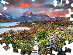 Jezioro, Park Narodowy Torres Del Paine, Torres del Paine, Drzewa, Kolorowe, Chile, Góry, Roślinność, Ścieżka, Niebo