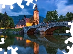 Drzewa, Jezioro Bohinj, Gmina Bohinj, Kościół św Jana, Most, Odbicie, Słowenia