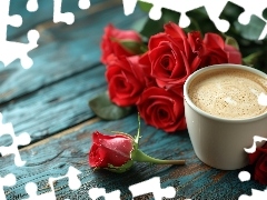 Kawa, Drewno, Róże, Kubek, Kwiaty