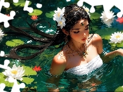 Lilie wodne, Kwiaty, Kobieta, Woda, Grafika