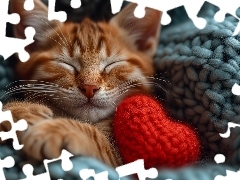 Koc, Śpiący, Czerwone, Serduszko, Wełniane, Kot
