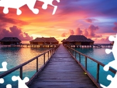 Morze, Pomost, Atol Addu, Malediwy, Zachód słońca, Domki