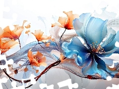 Kwiaty, Niebieski, Grafika, Pomarańczowe