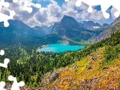 Park Narodowy Glacier, Góry Skaliste, Chmury, Jezioro St Mary, Drzewa, Montana, Stany Zjednoczone, Las