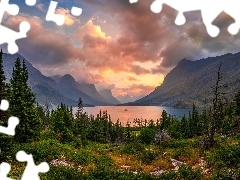 Jezioro, Park Narodowy Glacier, Saint Mary Lake, Góry, Chmu