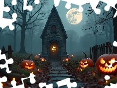 Halloween, Grafika, Dynie, Księżyc, Kaplica