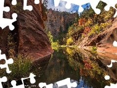 Sedona, Skały, Drzewa, Wąwóz, West Fork of Oak Creek, Arizona, Stany Zjednoczone, Rzeka