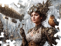 Wieżowce, Ptak, Steampunk, Kobieta, Fantasy