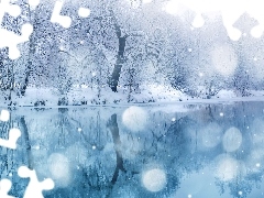 Woda, Drzewa, Zima, Śnieg