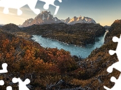 Góry, Patagonia, Jesień, Park Narodowy Torres del Paine, Chile, Rzeka, Drzewa