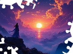 Mgła, Morze, Grafika, Skały, Zachód słońca, Kobieta, Chmury