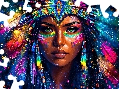 Oczy, Indianka, Pióropusz, Zielone, Kobieta, Kolorowy, Grafika