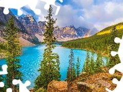 Tęcza, Jezioro, Góry, Alberta, Drzewa, Park Narodowy Banff, Moraine Lake, Kanada, Chmury, Las