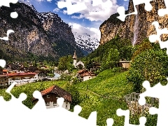 Kościół, Góry, Domy, Kanton Berno, Droga, Dolina Lauterbrunnental, Wodospad Staubbach, Szwajcaria, Gmina Lauterbrunnen, Drzewa