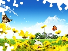 Motylki, Kwiatki, Wiosna, Biedronka Grafika 2D, Żółte