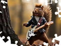 Gitara, Wiewiórka, Śmieszne, Grafika, Las, Muzyk