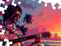 Zachód słońca, Grafika AI, Gitara, Morze, Mężczyzna