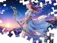 Anime, Łuk, Kwiaty, Dziewczyna