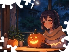 Dynie, Stół, Anime, Krzesła, Księżyc, Dziewczynka, Halloween, Noc