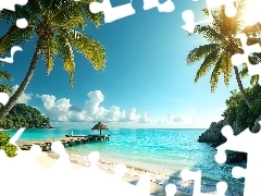 Skały, Plaża, Pomost, Palmy, Morze, Roślinność, AI