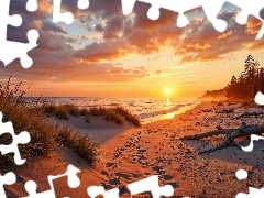 Zachód słońca, Grafika AI, Wydmy, Morze, Plaża