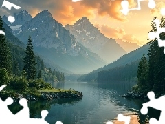 Wschód słońca, Góry, Drzewa, AI, Mgła, Jezioro