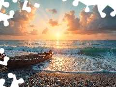 Fale, Zachód słońca, Łódka, Plaża, Morze