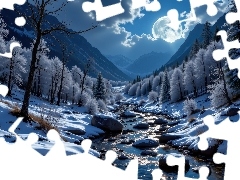 Księżyc, Rzeka, Drzewa, Góry, Zima, Oszronione, Kamienie