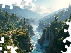 Wodospady, Góry, Skały, Drzewa, Rzeka