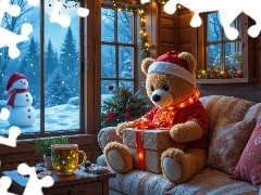 Prezent, Kanapa, Zima, Miś pluszowy, Świąteczne, Okno, Bałwanek