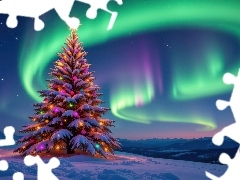 Boże Narodzenie, Zima, Zorza polarna, Choinka