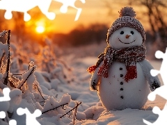 Szal, Bałwan, Czapka, Zima, Zachód słońca, Al, Ośnieżone, Rośliny, Śnieg