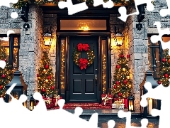 Drzwi, Boże Narodzenie, Lampy, Grafika AI, Choinki, Dom