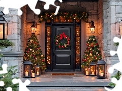 Choinki, Dom, Boże Narodzenie, Grafika AI, Lampiony, Drzwi