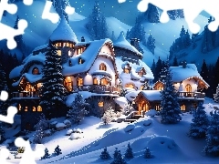 Dom, Góry, Drzewa, Grafika AI, Oświetlony, Zima