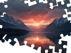 Niebo, Zachód słońca, Jezioro, Zachmurzone, Góry