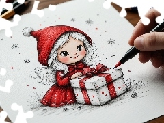 Dziewczynka, Rysunek, Ubranko, Prezent, Czerwone, Mała