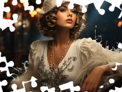 Kobieta, Wieczorowa, Suknia, Kapelusz