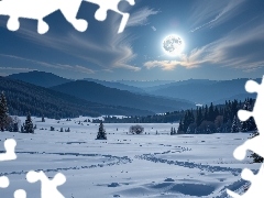 Lasy, Pole, Księżyc, Drzewa, Zima, Góry, Grafika AI