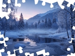 Drzewa, Rzeka, Brzozy, Las, Góry, Ośnieżone, Zima