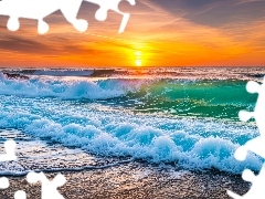 Fale, Zachód słońca, Grafika AI, Morze