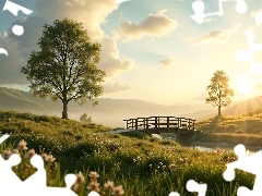 Drzewa, Zachód słońca, Rzeka, Mostek, Łąka