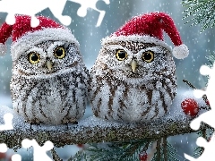 Czapki, Dwie, Zima, Grafika AI, Gałązki, Sowy