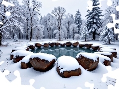 Woda, Drzewa, Las, Polana, Zima, Kamienie, Grafika AI