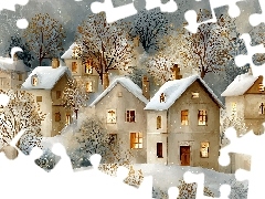 Zima, Grafika AI, Domy, Drzewa, Ośnieżone