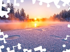 Zaśnieżona, Zima, Ośnieżone, Drzewa, Rzeka, Wschód słońca