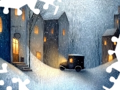 Zima, Grafika AI, Drzewa, Samochód, Domy