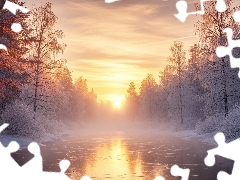 Oszronione, Rzeka, Las, Mgła, Zima, Drzewa, Wschód słońca