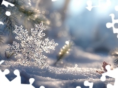 Gałązki, Grafika AI, Śnieg, Zima, Śnieżynka