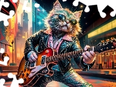 Gitara, Kot, Kurtka, Grafika, Skórzana, Okulary